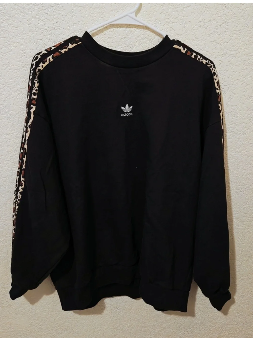 adidas Black Crewneck Sweatshirt with Leopard-Print Shoulder Stripes - Picture 4 of 5